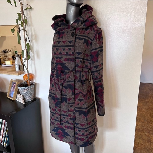 ELLABEE | Aztec print wool blend hooded thick lined fall winter warm coat jacket - Picture 3 of 16